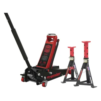 Twin Piston Hydraulic Trolley Jack & x Axle Stands Kit - 3000kg Limit - Red