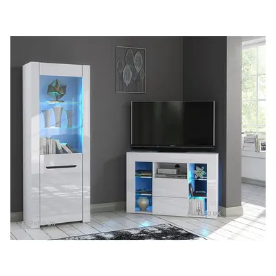 (Blue LED Lights) Gloss & Matt White Living Room Set Corner TV Stand & Display Cabinet MilVen LE