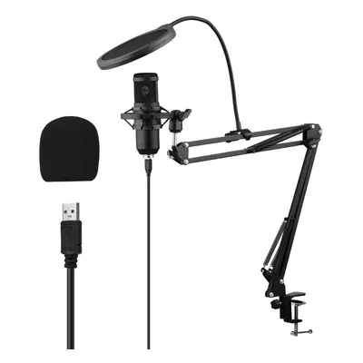 USB Condenser Microphone Set with Desk Mounting Clamp Scissor Arm Stand Pop Filter Muff Shock Mo