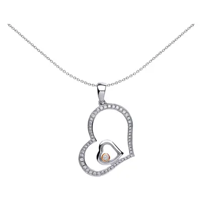 Jewelco London White and Rose Gold-Plated Sterling Silver Cubic Zirconia Floating Stone Heart Pe