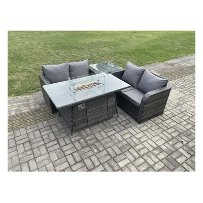 Fimous Rattan Garden Furniture Set with Gas Fire Pit Table Pieces Outdoor Loveseat Sofa Set Dark