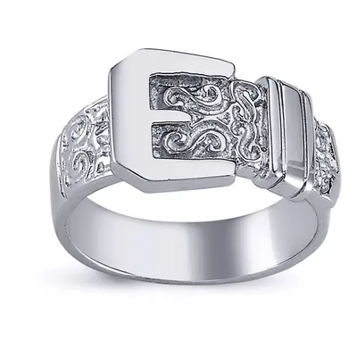 (X) Jewelco London Mens Rhodium Plated Sterling Silver Round Cubic Zirconia Carved Buckle Love R