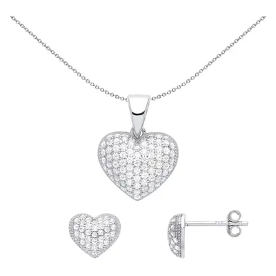 Jewelco London Ladies Rhodium Plated Sterling Silver CZ 3D Domed Love Heart Pave Cluster Earring