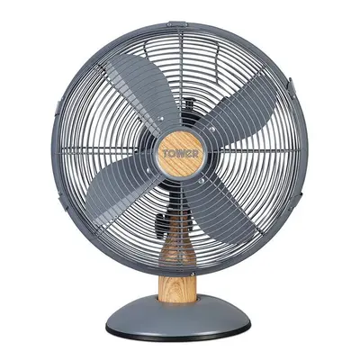 Tower T610000 Scandi 35W Metal Desk Fan with Speeds, Grey & Wood Effect