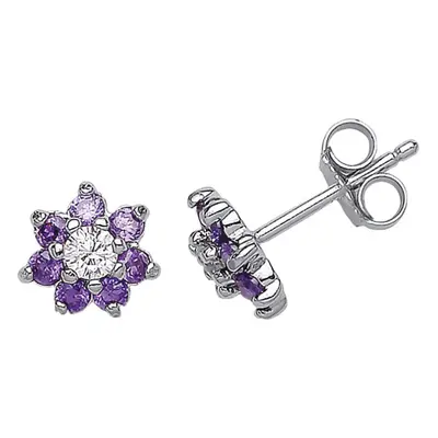 Jewelco London Ladies Sterling Silver Purple Cubic Zirconia Flower Cluster Stud Earrings - GVE17