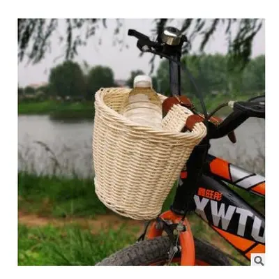 (White) Kids Children's Rattan Bicycle Bike Front Basket Leather Strap Shopping Storage