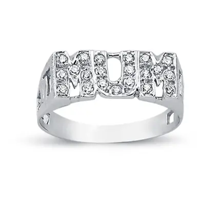 (M) Jewelco London Rhodium Plated Sterling Silver Round Cubic Zirconia MUM Signet ID Ring 8mm