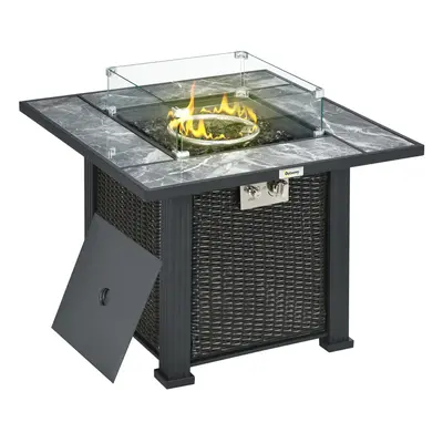 Outsunny Gas Fire Pit Table w/ Rain Cover, Windscreen & Glass Stone, 50,000 BTU