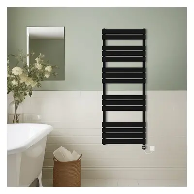 (Black, 1600x600mm) Prefilled Thermostatic Electric Flat Panel Heated Towel Rail Ladder Warmer R