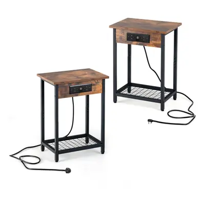 Set of 2-Tier Nightstand BedSide Sofa Table Storage Unit w/Charging Station