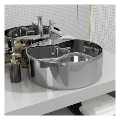 vidaXL Wash Basin with Overflow 46.5x15.5 cm Ceramic Silver Bathroom Washroom