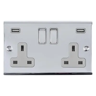 2 Gang Double UK Plug Socket & 2.1A USB-A Charger CHROME & GREY 13A Switched