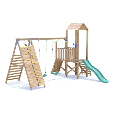 FrontierFort Climbing Frame with Double Swing, LOW Platform, Tall Climbing Wall & Slide