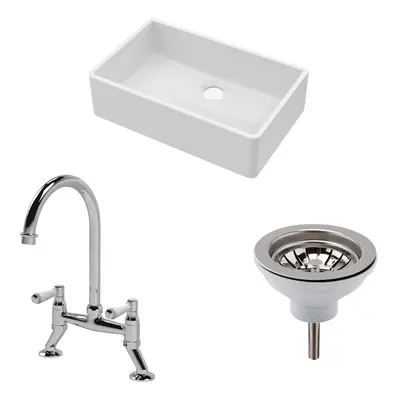 Fireclay Kitchen Bundle - Single Bowl Butler Sink, Waste & Bridge Mixer Tap, 795mm - Chrome - Ba