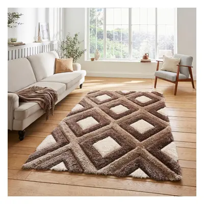 (Beige / Brown) Think Rugs Olympia GR224 Geometric Hand Carved Shaggy Rug