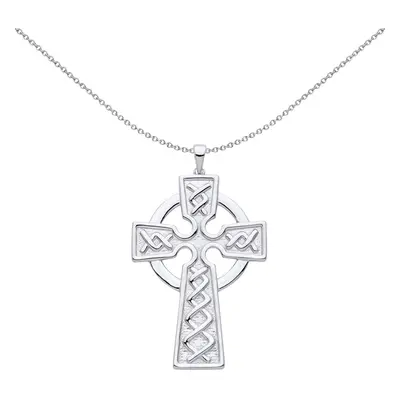 Jewelco London Unisex Rhodium Plated Sterling Silver Plaited Art Deco Celtic Cross Pendant Neckl