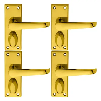 4x PAIR Straight Handle on Short Privacy Backplate x 42mm Polished Brass