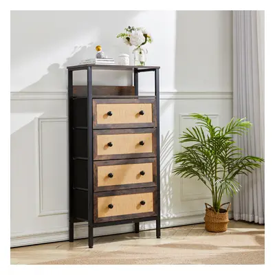 4-Drawer Rustic Rattan Storage Cabinet with Display Shelf