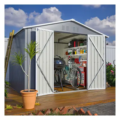 (8X6FT, Grey) Birchtree Steel Apex Garden Shed | Metal Garden Tool Shed