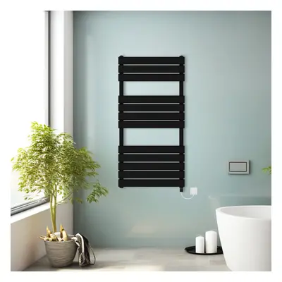 (Black, 1200x600mm) Prefilled Electric Heated Towel Rail Radiator Flat Panel Warmer Ladder