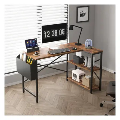 (120CM, Brown) Corner Desk Shaped Reversible With Bookshelf