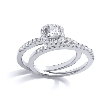 (P) Jewelco London Ladies Rhodium Sterling Silver Princess Cut Cubic Zirconia Solitaire Halo Ete