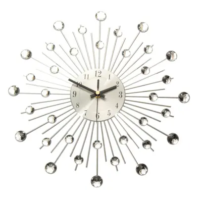 33cm Clear Diamante Crystal Effect Jeweled Sunburst Silver Metal Wire Wall Clock