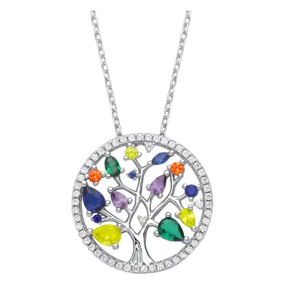 Jewelco London Ladies Silver Blue Yellow Green Pear CZ Vibrant Tree of Life Halo Circle Lavalier