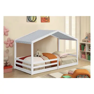 (With Tanya Mattress, With Grey Tent ) 3ft White Wooden House Bed With Tent And Mattress Options