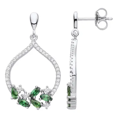 Jewelco London Ladies Rhodium Plated Sterling Silver Green Pear Oval CZ Glass Onion Dome Drop Ea