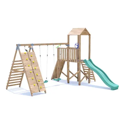 FrontierFort Climbing Frame with Double Swing, High Platform, Tall Climbing Wall & Slide