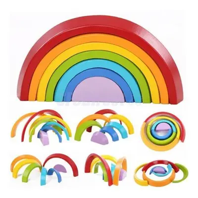 Wooden Rainbow Toys 7Pcs Stacker Educational Learning Toy Puzzles Colorful Building Blocks for K