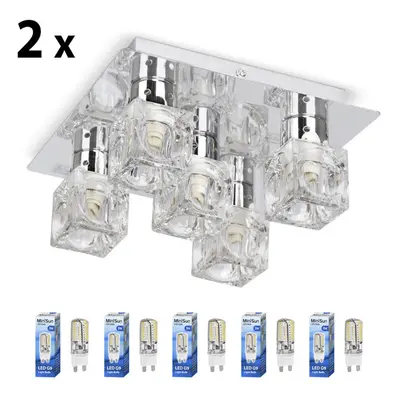 Pair of - Modern Chrome Ice Cube Way Flush Ceiling Spotlights - Complete with x 3w Energy Saving