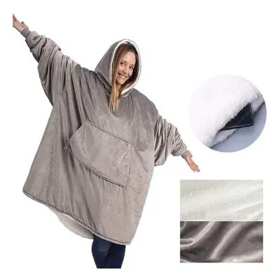 (Grey, One Size For All) Warm Flannel Ultra Plush Hoodie Blanket With Sleeve