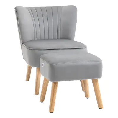 HOMCOM Velvet-Feel Accent Chair w/ Ottoman Tub Seat Padding Wood Legs Light Grey