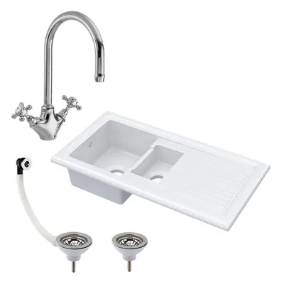 101cm 1.5 Bowl Fireclay Inset Kitchen Sink & Drainer, Mixer Tap & Wastes - White