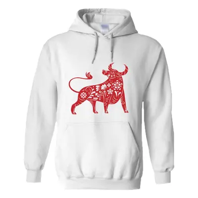 (4XL) Chinese Zodiac Shengxiao New Year OX Bull Cow White Hoodie Mens Hooded Sweater