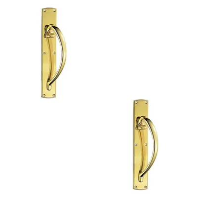 2x Right Handed Curved Door Pull Handle x 75mm Backplate Polished Brass