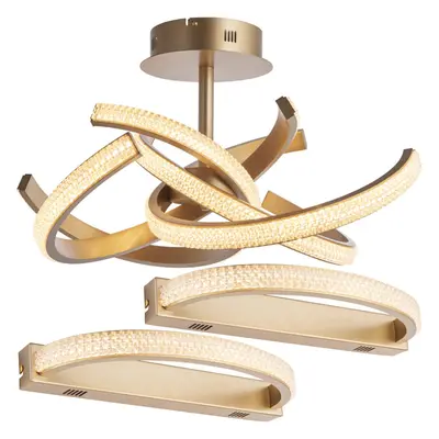 Satin Gold Contemporary Light Set - Ceiling & 2x Wall Lighting Bundle - LED Tape