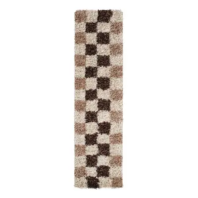 Vista Shaggy Hallway Runners Check Beige Brown Thick Soft High Pile Mats 60x220cm