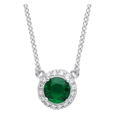 Jewelco London Ladies Sterling Silver Emerald-Green Cubic Zirconia Solitaire Halo Charm Necklace