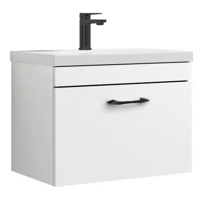 Rio Drawer Wall Hung Vanity Basin Unit - 600mm - Gloss White with Black D Handle (Tap Not Includ