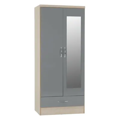 Nevada Mirrored Door Drawer Wardrobe Grey and Oak Effect