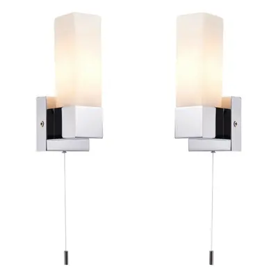 2 PACK IP44 Bathroom Wall Light Chrome & Frosted Glass Modern Rectangle Fitting