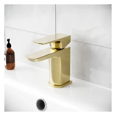 Nes Home Modern Cloakroom Brushed Brass Square Basin Mono Mixer Tap