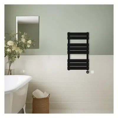 (Black, 800x450mm) Prefilled Thermostatic Electric Flat Panel Heated Towel Rail Ladder Warmer Ra