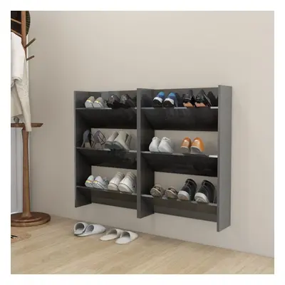 vidaXL 2x Wall Shoe Cabinets High Gloss Grey Chipboard Hanging Shoe Rack Shelf