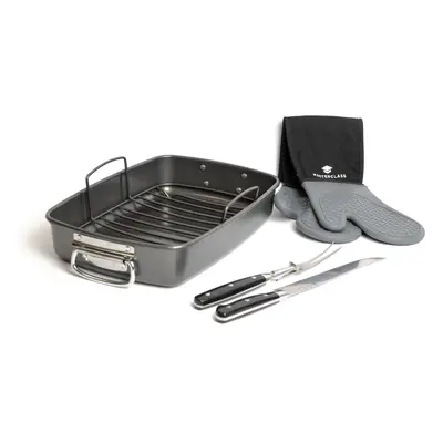 MasterClass Roasting Pan with Rack, Two Piece Carving Set & Silicone Double Oven Gloves with Thu