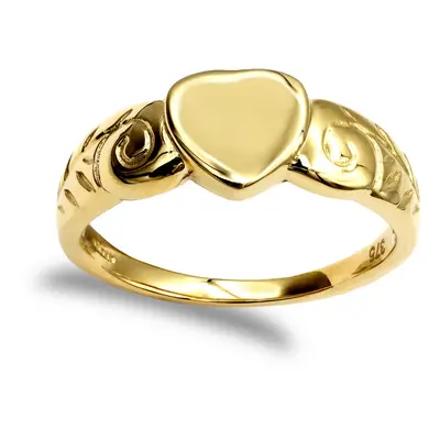 (K) Jewelco London Ladies Solid 9ct Yellow Gold Floral Scroll Heart Signet Ring