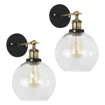 Pair Industrial Black Gold Wall Light Fittings with Glass Globe Shade